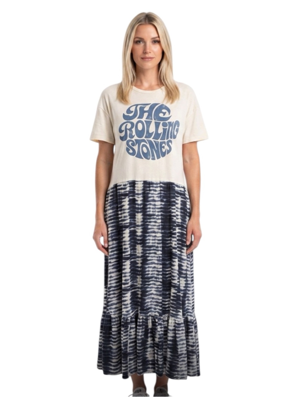One of a kind Upcycled Rolling Stones Graphic Maxi Dress in Cream and Navy